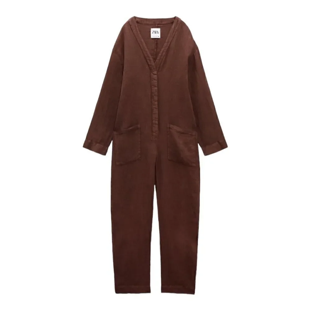 Zara Brown Full Length Linen Jumpsuit Size S NWT V-Neck Long Sleeve Romper